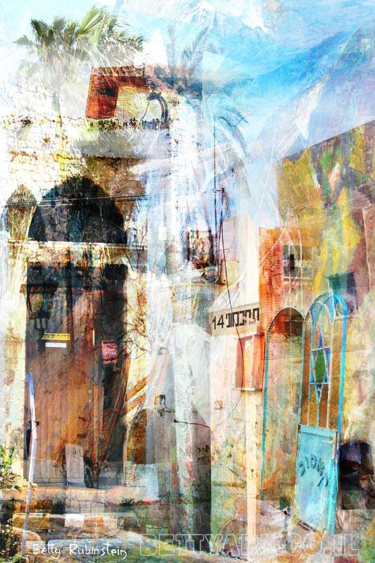 painting of Israeli landscape, old jaffa, street, old town,for home design 
